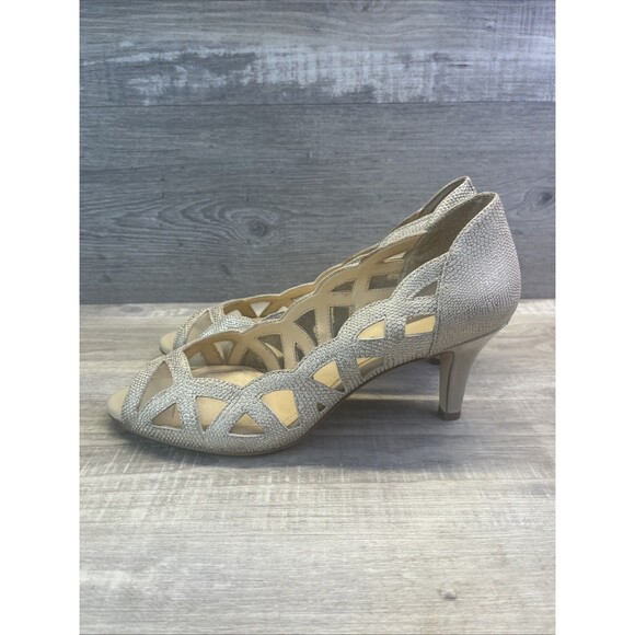 Alex Marie Gold Leather Mesh Peep Toe Textured Heels Shoes 8 M - Picture 1 of 10